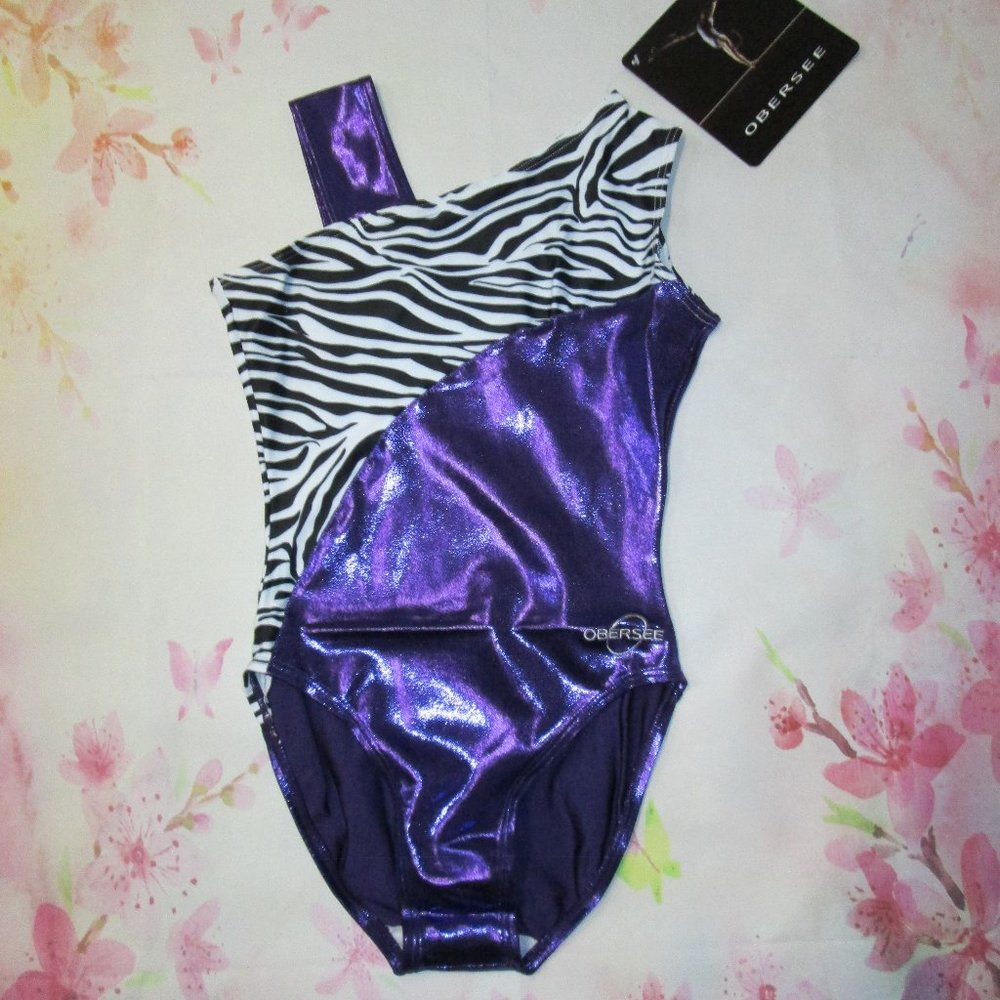 Leotard New Obersee Size AS AM  Womens Gymnastics Dance Costume Purple Zebra S M